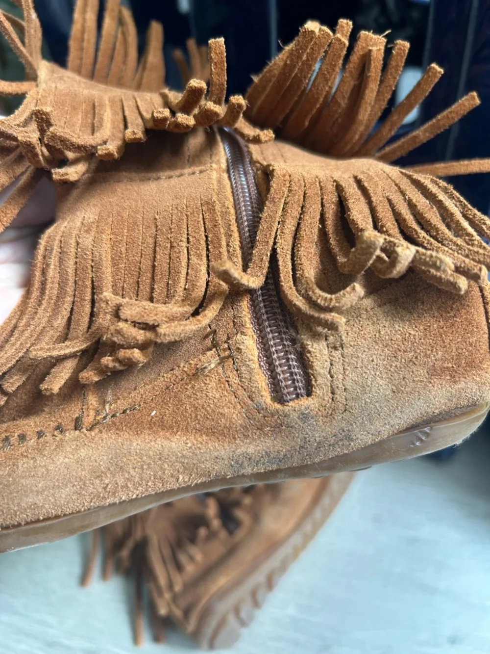 Minnetonka Suede Fringe Loafer in Chestnut Brown